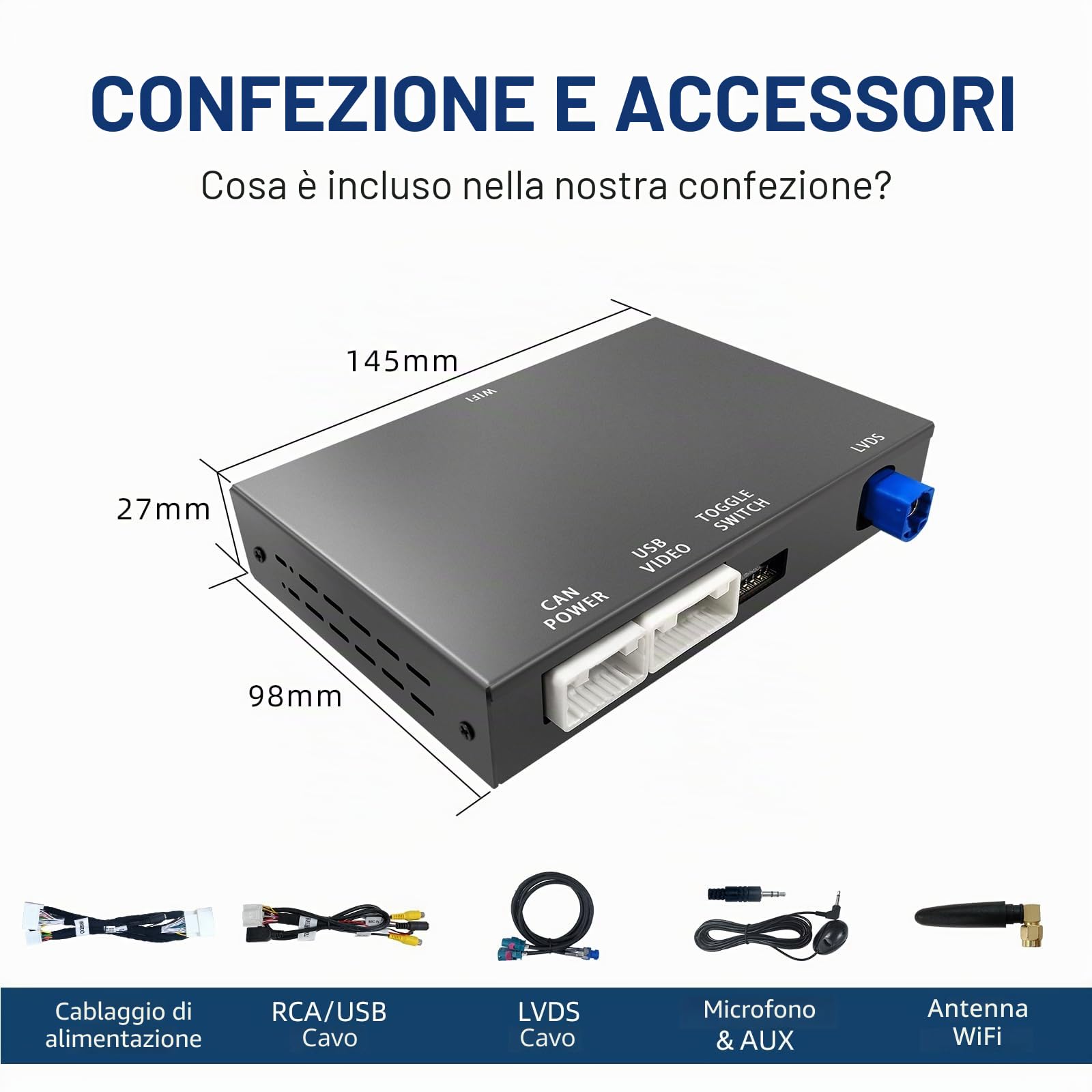 Wireless CarPlay e Android Auto Kit di Retrofit Decoder per Fiat Freemont | Adattatore di Plug & Play per Chrysler 300C / Dodge / Maserati con SWC, Wi-Fi, Bluetooth, Controllo Vocale e Navigazione GPS