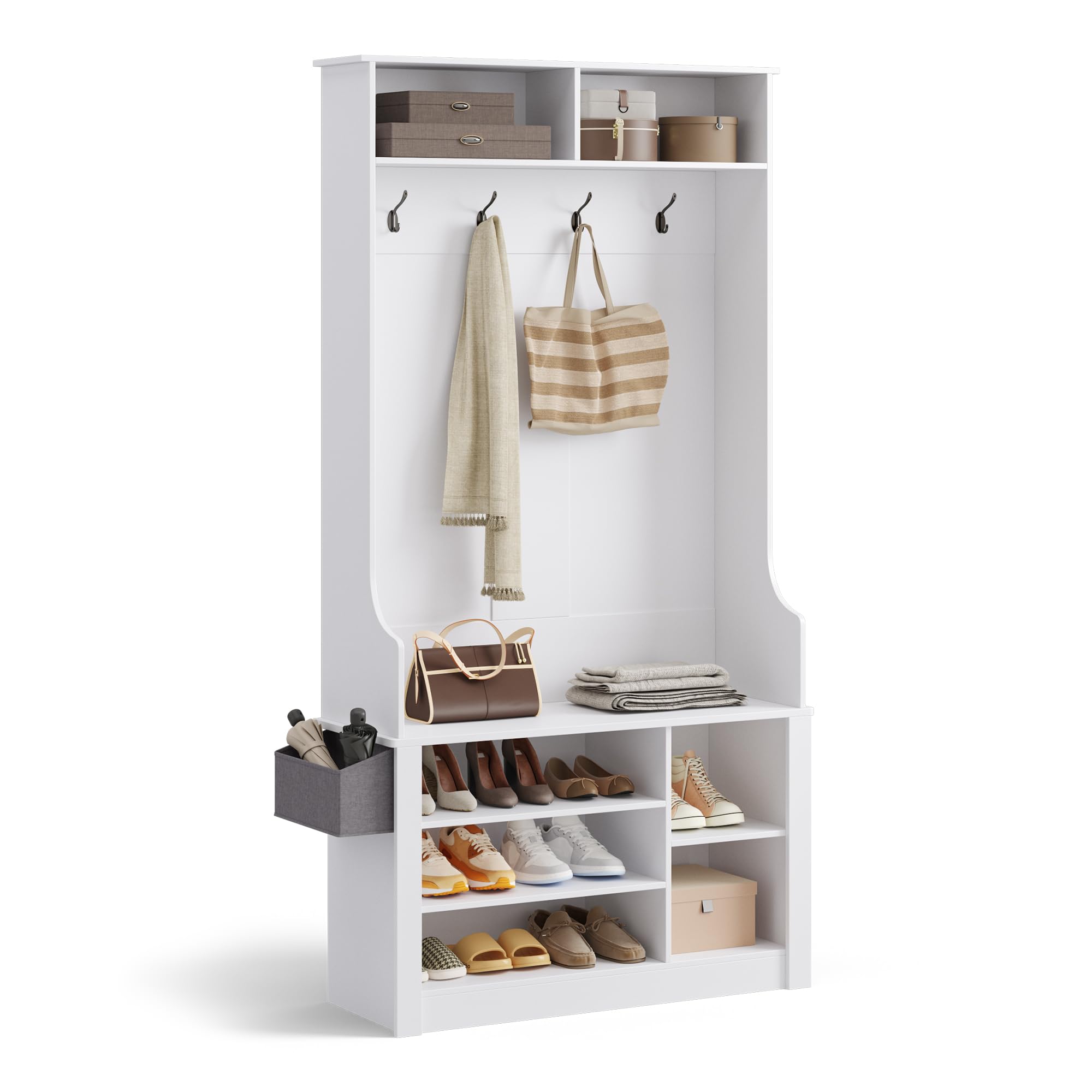 Xbro Garderobenständer mit Schuhbank, Flurgarderobe mit 4 Haken, 5 verstellbaren Schuhablagen & 2 Ablagen, Garderobenschrank mit Sitzbank, freistehende Garderobe Flur, 90x30x183 cm, Weiß