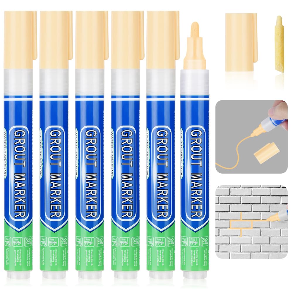 Flintronic 6PCS Grout Pen, Cream Tile Paint Marker, Tiles Grout Pen Wall Repair Pens, Tile Grout Reviver and Sealer Pens for Bathrooms Kitchen Floor Tile, Wall Lines