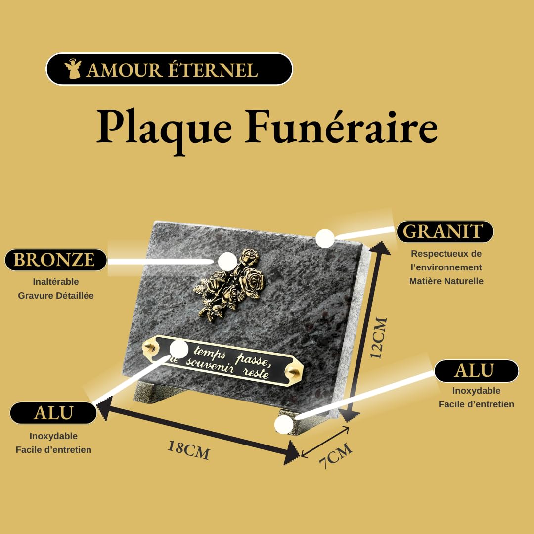 Plaque Funéraire en Granit Gris 18 x 12 cm – Plaque Commémorative Élégante avec Fleur Dorée – Ornement Funéraire Résistant aux Intempéries – Hommage Durable pour Sépulture (GRIS)