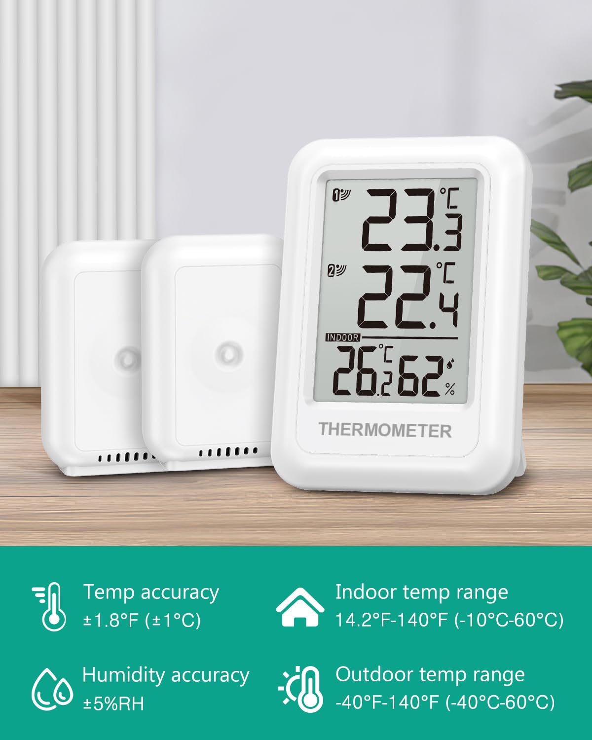 ORIA Bezprzewodowy termometr wewnętrzny z 2 czujnikami, cyfrowy higrometr do szklarni, domu, ogrodu i stawu, miernik temperatury wilgotności z MAX/MIN, °C/°F