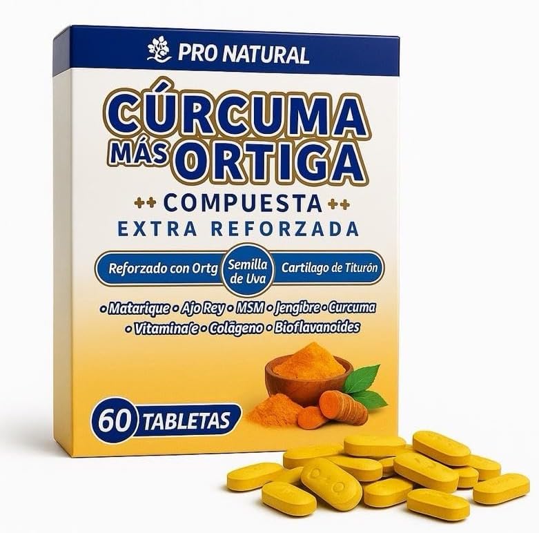 Cúrcuma Más Ortiga Extra Reforzada Turmeric and Nettle Compound with Grape Seed, MSM, Ginger and Vitamin C, 60 Tablets