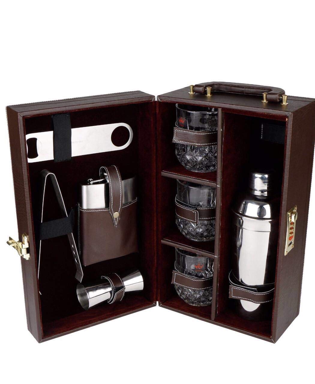 SOMRAS BY MERAKI 3 Glasses Bar Set | Travel Bartender Kit | Portable Leatherette Bar Set for Car, Home,Bar Tools Set (Brown-BARKIT)