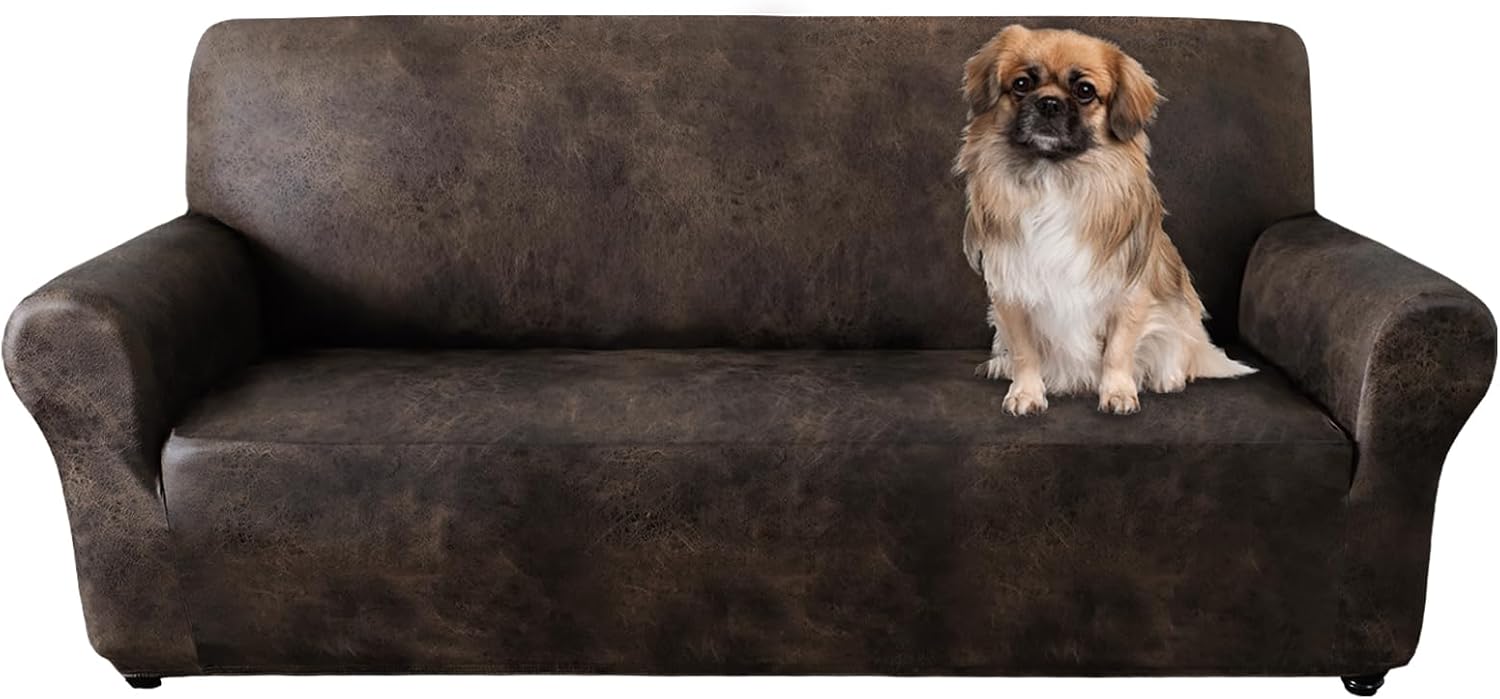 Sofa Cover, Couch Covers for Leather Couches, Stretch Sofa Covers with Leather-Like Texture, Washable, Non-Pilling, Non-Slip 1-Piece Couch Cover for Dogs, Cats and Kids (Sofa, Brown)