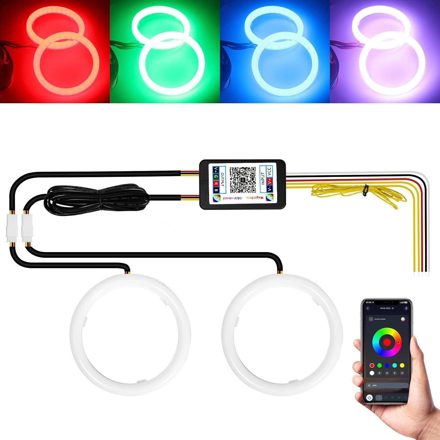 60MM Multi-Color RGB LED Halo Rings Light COB 60SMD Smart Phone iOS Android App Bluetooth Control Car Angel Eyes Circle Ring Headlight Lamp Daytime Running Lights(DRL) 12V 1-set-image-45