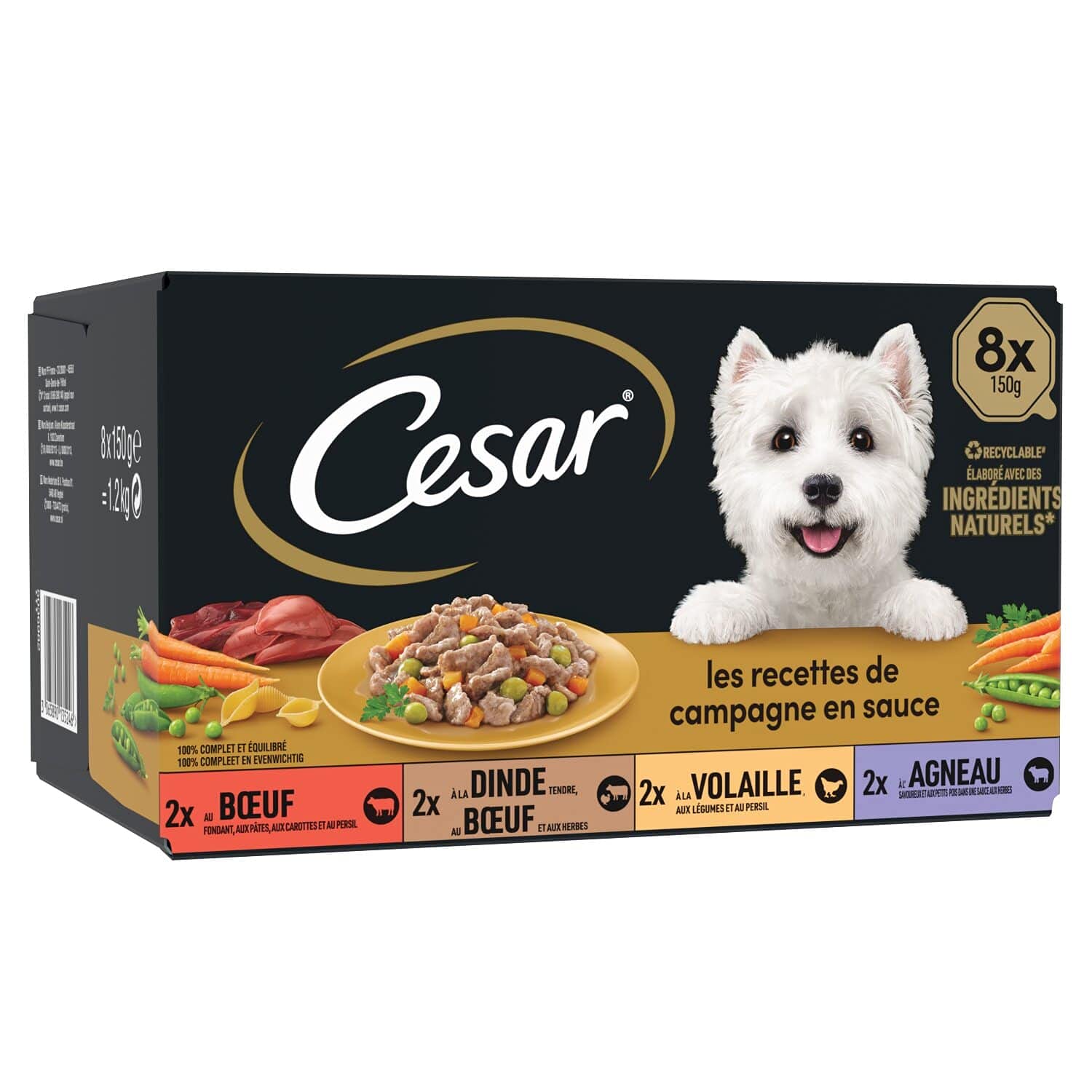 CESAR Pasto per cani – 24 vassoi (set di 3 confezioni 8 x 150 g) – Pasta per cani in salsa – manzo/pollo/agnello/tacchino – Cibo completo ed equilibrato con ingredienti naturali