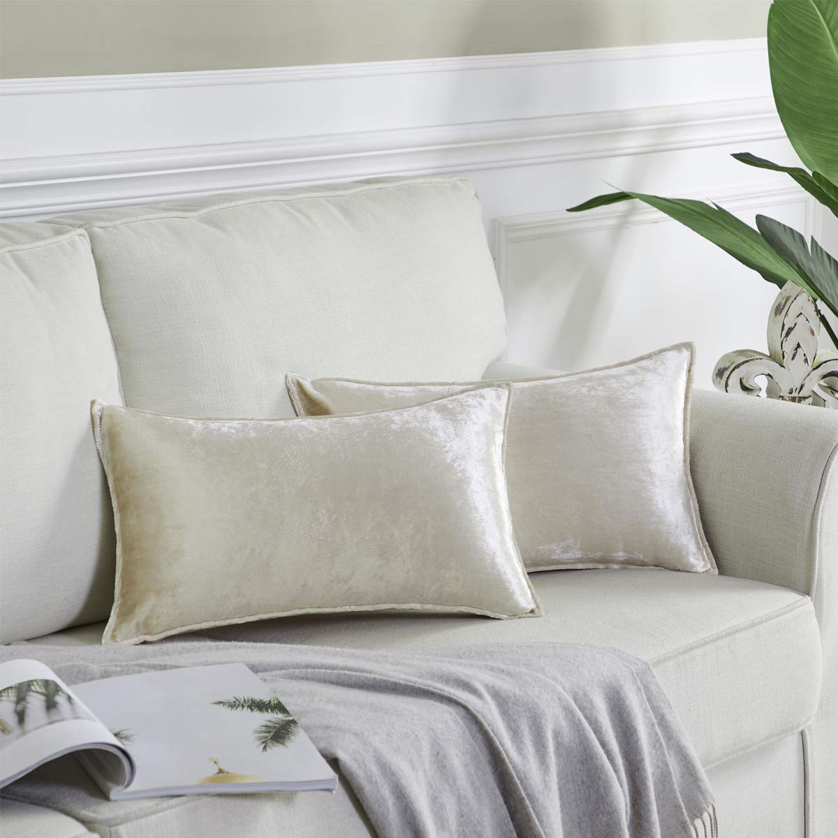 Ommato Cream Velvet Cushion Covers 12X20 Inch Square Decorative Throw Pillow Covers For Couch Sofa Living Room 30Cm X 50Cm 2 Pack