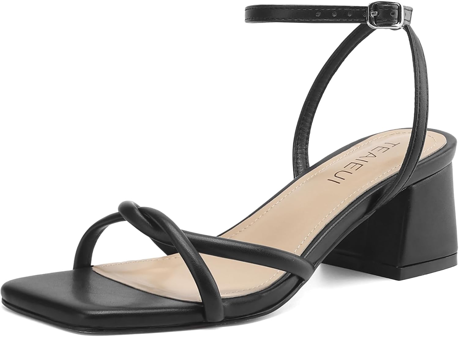 Women's Sandals Black Strappy Heels for Women Dressy Open Square Toe Comfort Chunky Block Heel Dress Shoes for Prom Party Wedding 8