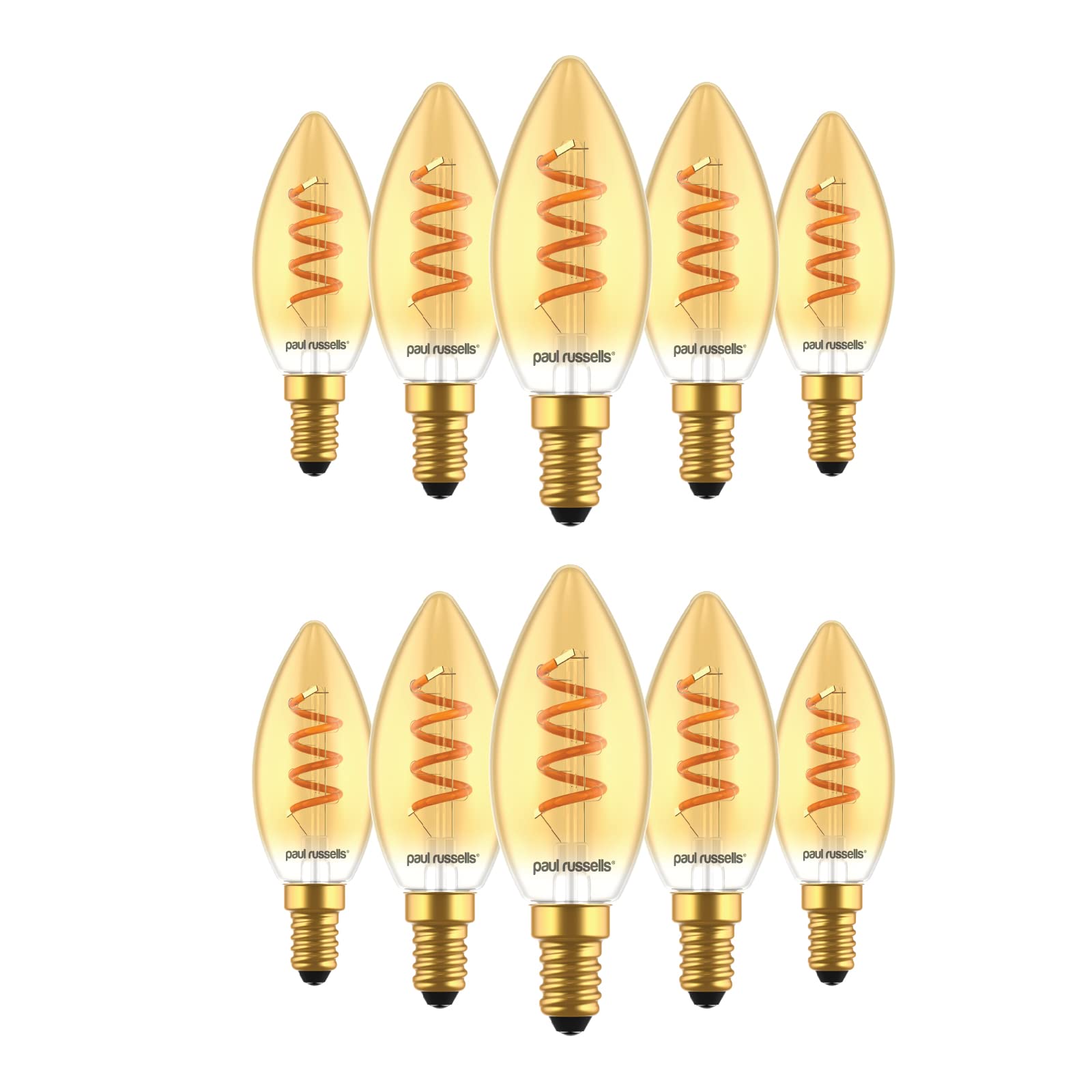paul russells Spiral Filament LED Candle Small Edison Screw E14 2.5W Vintage Light - Replace 15W Extra Warm White 1800K SES C35 Amber Retro Style Decorative Non-Dimmable Bulbs No Flicker – Pack of 10