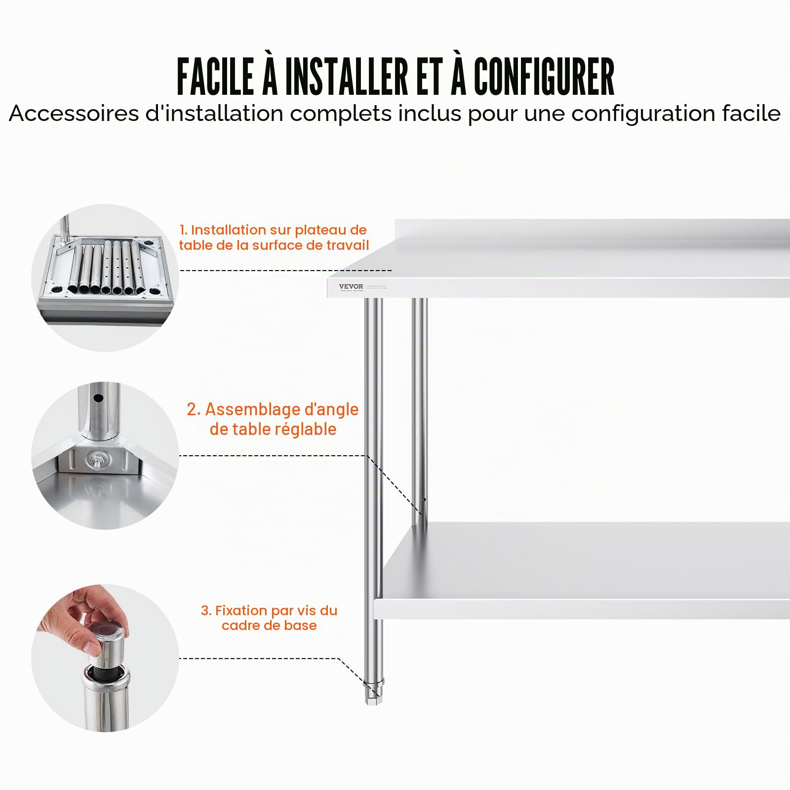 VEVOR Table de Travail en Acier Inoxydable 61x152,4x91,4 cm, Table de Préparation des Aliments Durable, Hauteur Réglable, Meuble de Rangement des Aliments, pour Cuisine Restaurant Bar Hôtel Maison