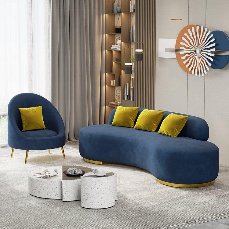 Image of LEGACY OF COMFORT Tara Upholstered Curved Sofa Living Room Set 3 Seater Sofa with 2 Chairs (Blue)