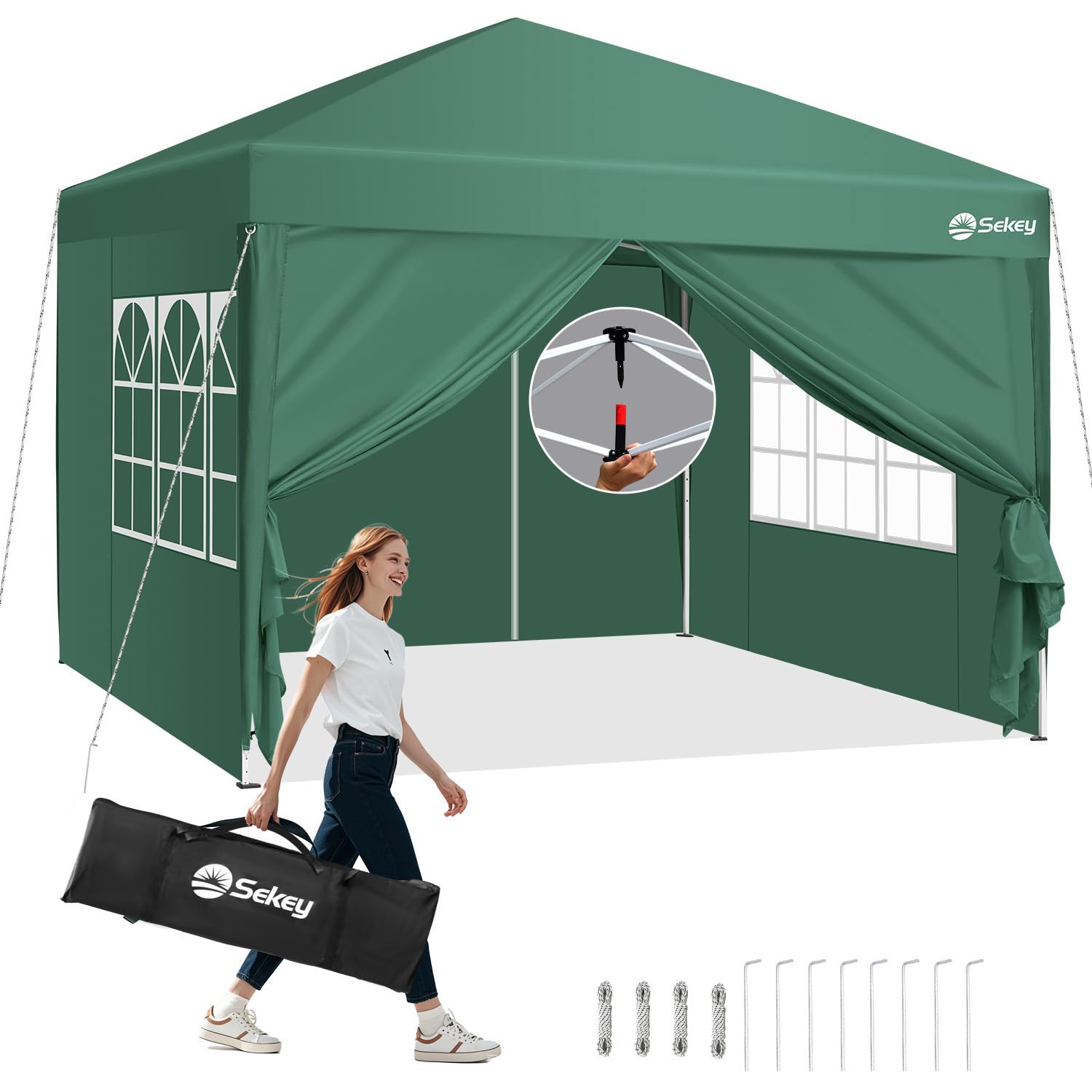 Sekey 3m x 3m One-Touch Pop Up Gazebo with Sides – Instant Setup, Heavy Duty Frame, Waterproof 1000mm, Stable & Windproof, Ideal for Garden, Patio, Parties & Outdoor Events (Green, 3x3 with Sides)
