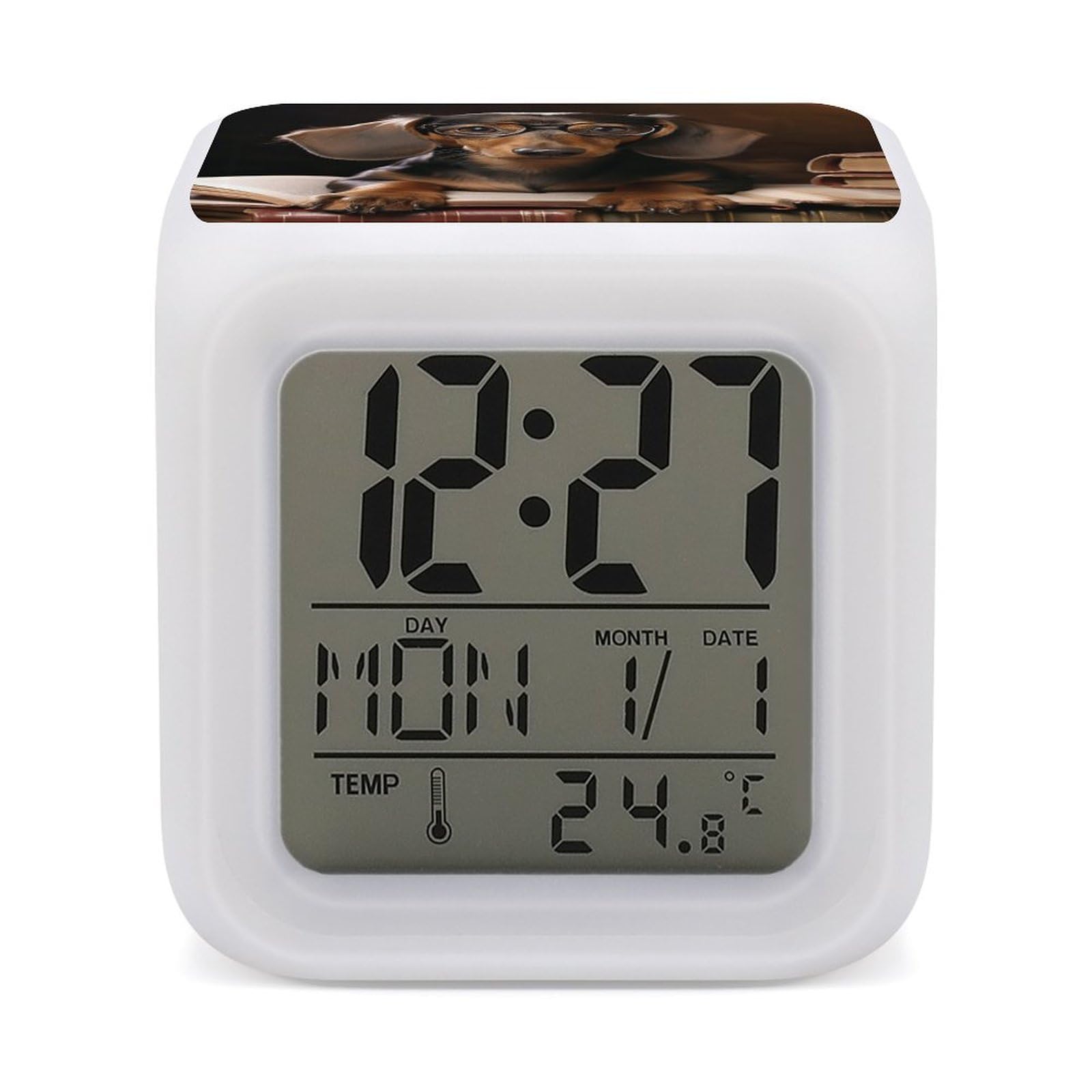 JTREHY 7 Color Changing LED Digital Alarm Clock,Dachshund Printed Wake-up Clock with Temperature Display Home Decoration Alarm Clock for Bedroom Office