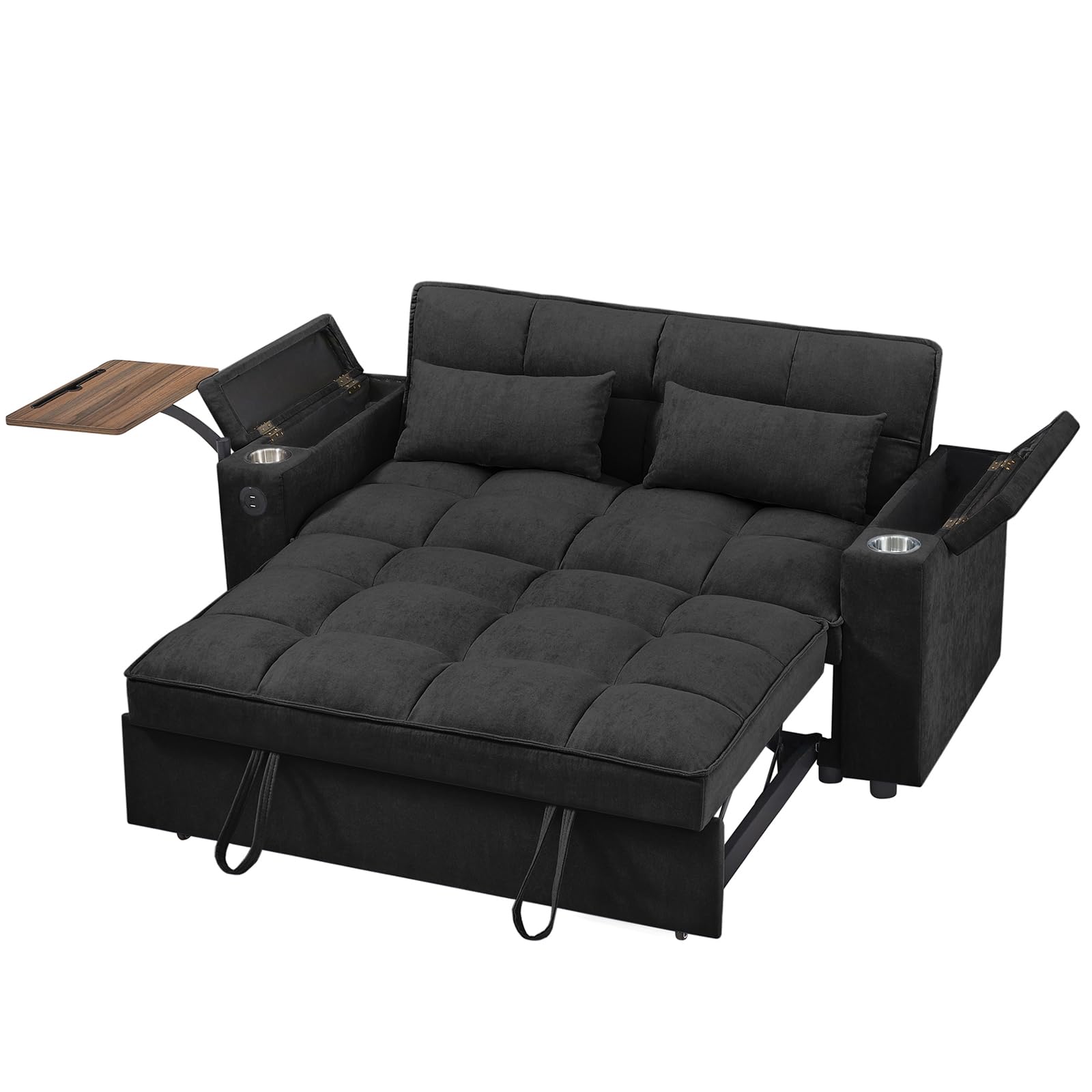 65'' 3-in-1 Folding Convertible Sofa Bed, Pullout Sofa, Modern Chenille Fabric, 360° Swivel Side Table, Easy Assembly, Perfect for Living Room, Black
