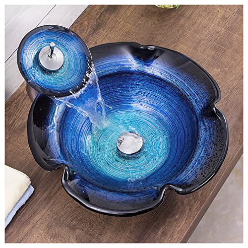 Tocador De Baño Con Forma De Flor, Lavabo De Vidrio Templado Azul Y Negro, Organizadores Y Almacenamiento Para Lavabos Sobre Encimera, Organizadores Y Almacenamiento Para Lavabos, Azul, 48,5 X 48,5 X