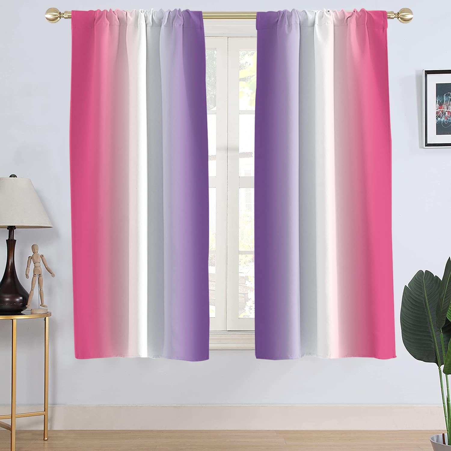 AAtter Pink Window Curtain Purple Kids Nursery Cute Ombre White Colorful Girls Girly Princess Teen Fun Living Room Bedroom Rod Pocket Drapes Treatment