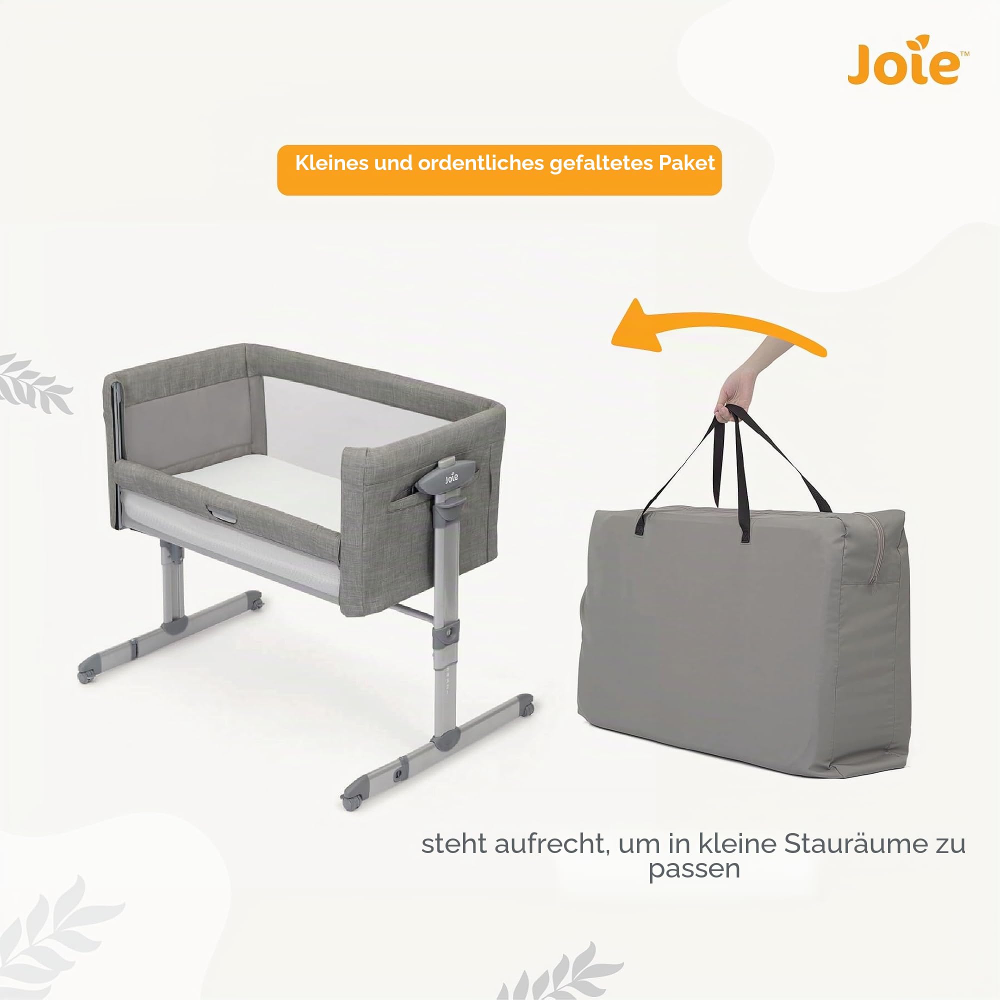 Joie roomie™ Glide Beistellbett, ab Geburt bis 6 Monate (0–9kg), Foggy Grey | Beistellbett und Wiege mit wiege funktion, Absenkbares Seitenteil, Neigung, höhenverstellbar und Tragetasche inklusive.