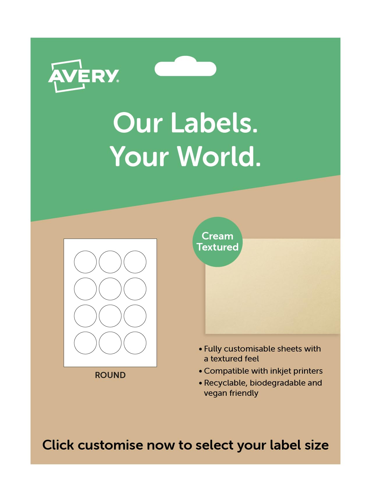 Avery Custom Round Cream Textured Labels – A4 Printable Sticker Sheets for Inkjet & Laser Printers, Custom Sizes & Quantities, Personalised Product, Gift & Candle Labelling