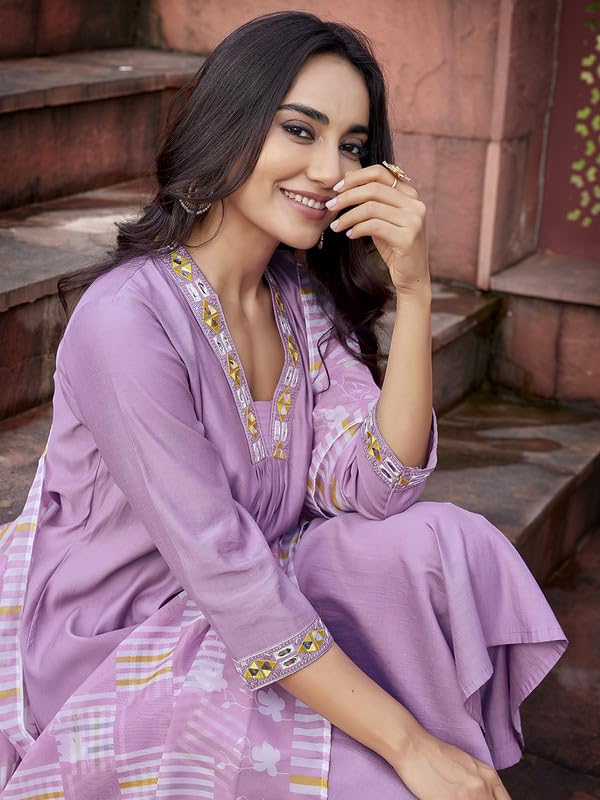 Image of Royal Export Women's Viscose Yoke Mirror Work Solid Flared Kurta Pant with Dupatta Set, Anarkali Kurta Sets for Women