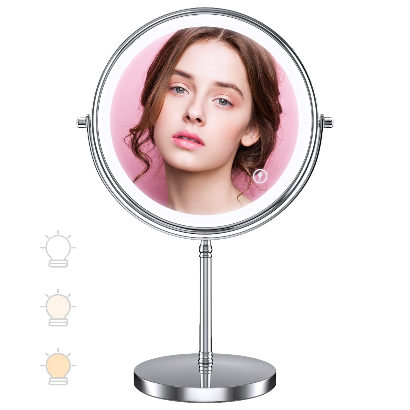MILPROX Makeup Mirror with Light, Actress Mirror, 1x and 5x Magnifying Mirror, USB Rechargeable, 2000mAh Large Capacity, Cold and Warm Color Adjustment, Brightness Control, Touch Operation, 360-Degree