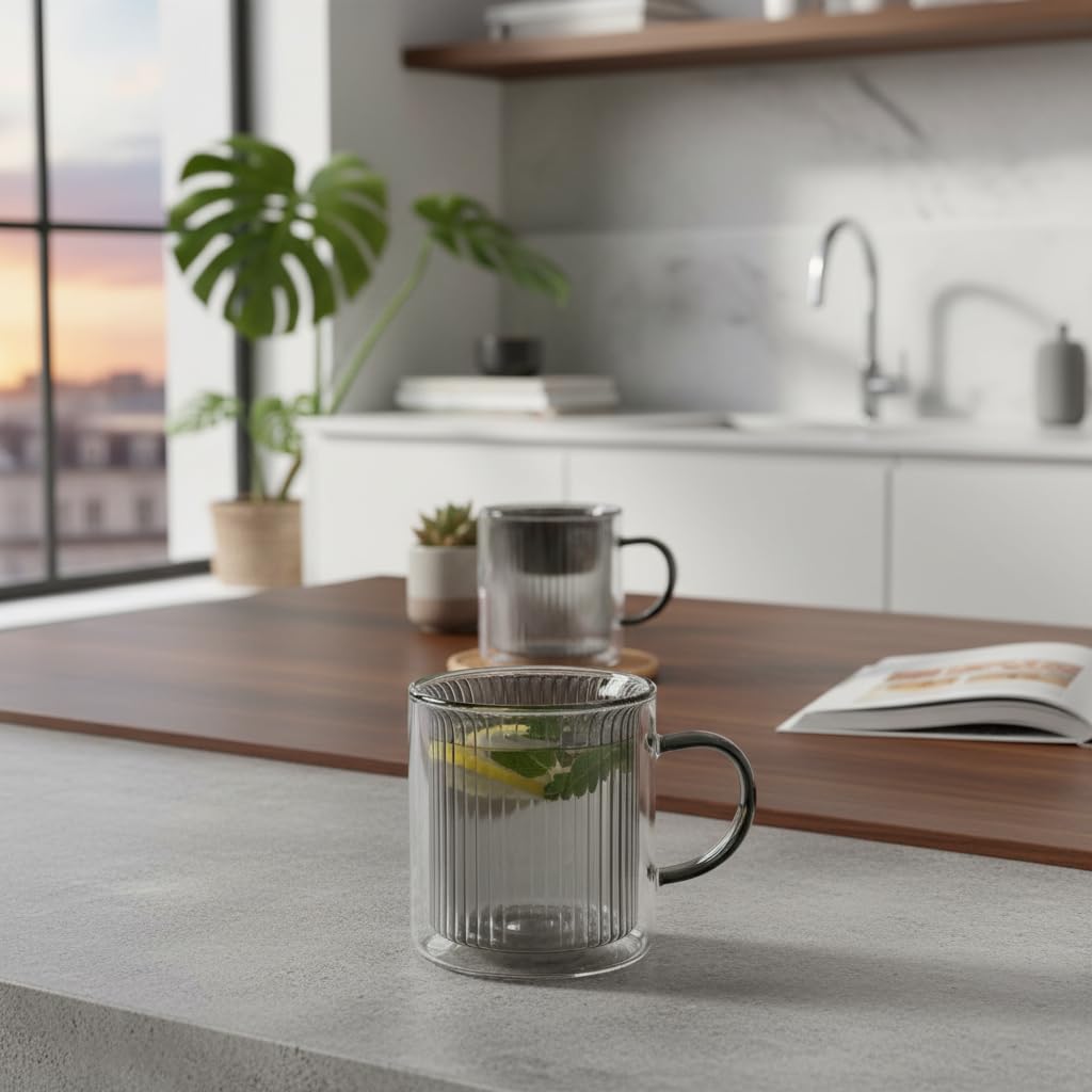 Deconox 250 ml Çift Cidarlı Borosilikat Cam Kupa - Antrasit Detaylı, Dikey Çizgili Isıya Dayanıklı Kahve ve Çay Bardağı