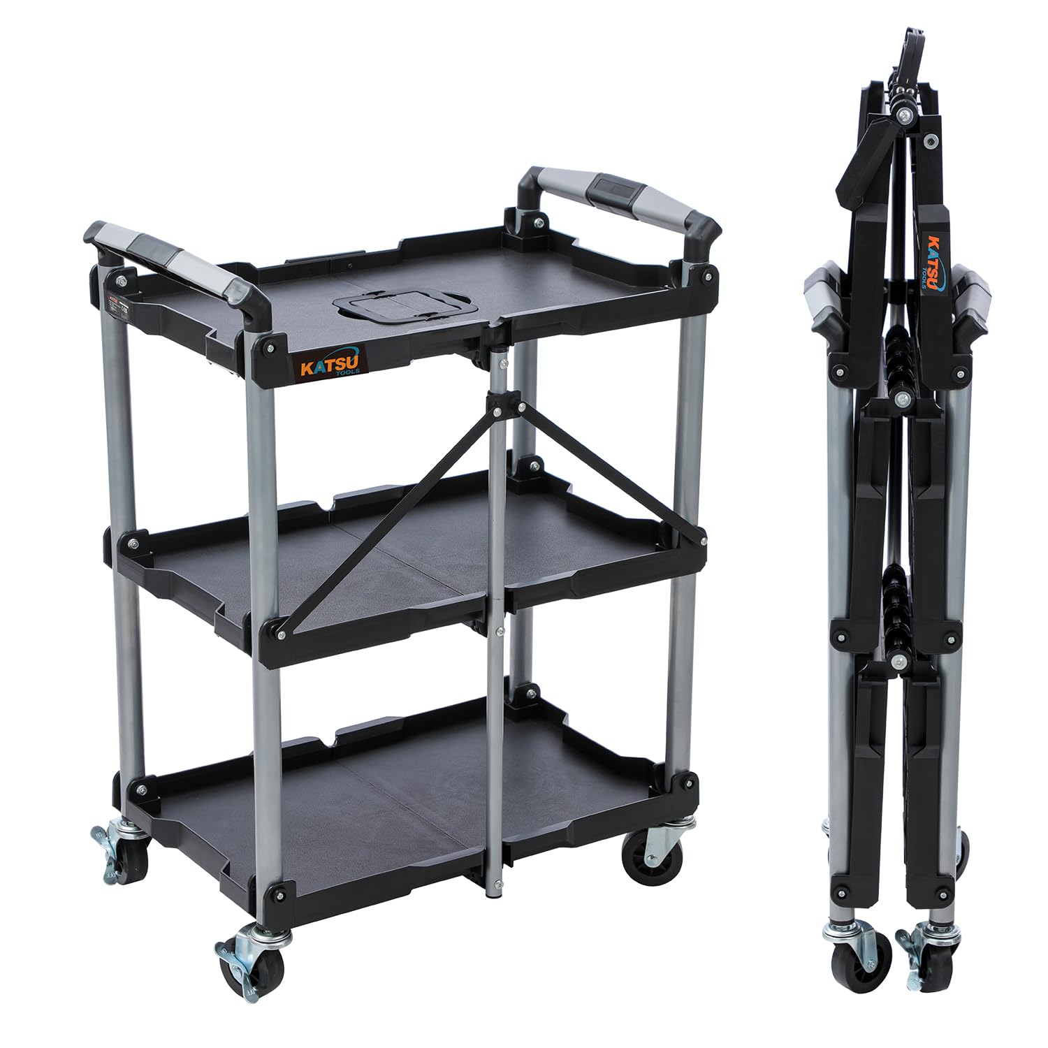 KATSU Tools 3 Tier Service Cart, Foldable, Utility Rolling Tool Trolley, 150 lbs Load, Locking Wheels, Ergonomic Handles, 83 x 36 x 64cm, for Workshop Garage Home Office and More, Black