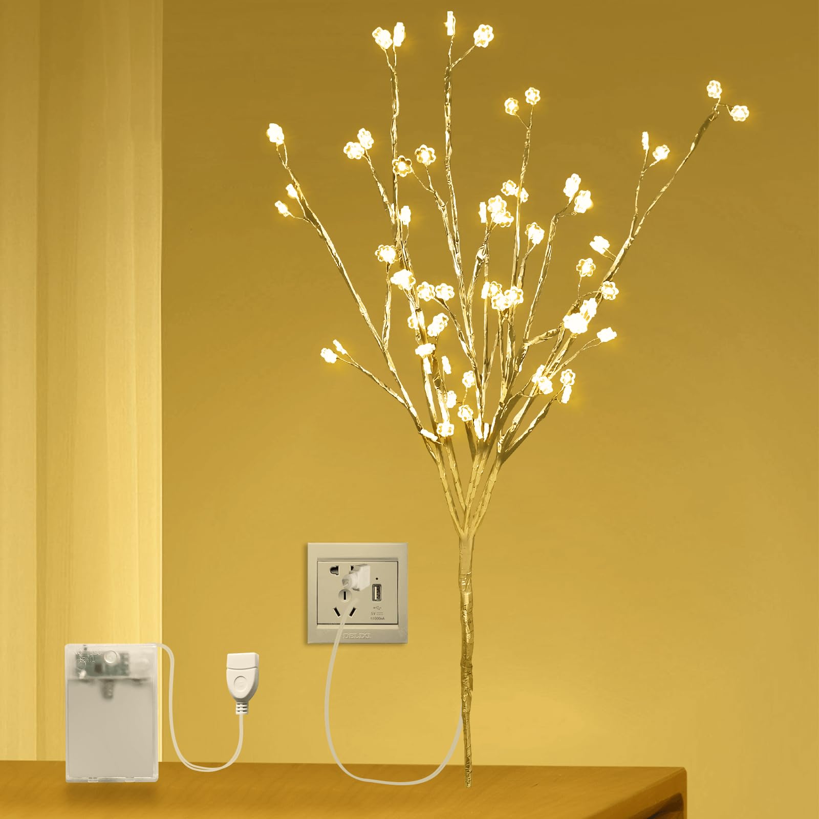 CTSC twig tree with lights, Gold Flower twig 60cm 72 LED with Timer, USB Or Battery Powered Warm White twig Lights for Holiday Christmas Decorations, Indoor Home Decor, Party Decoration