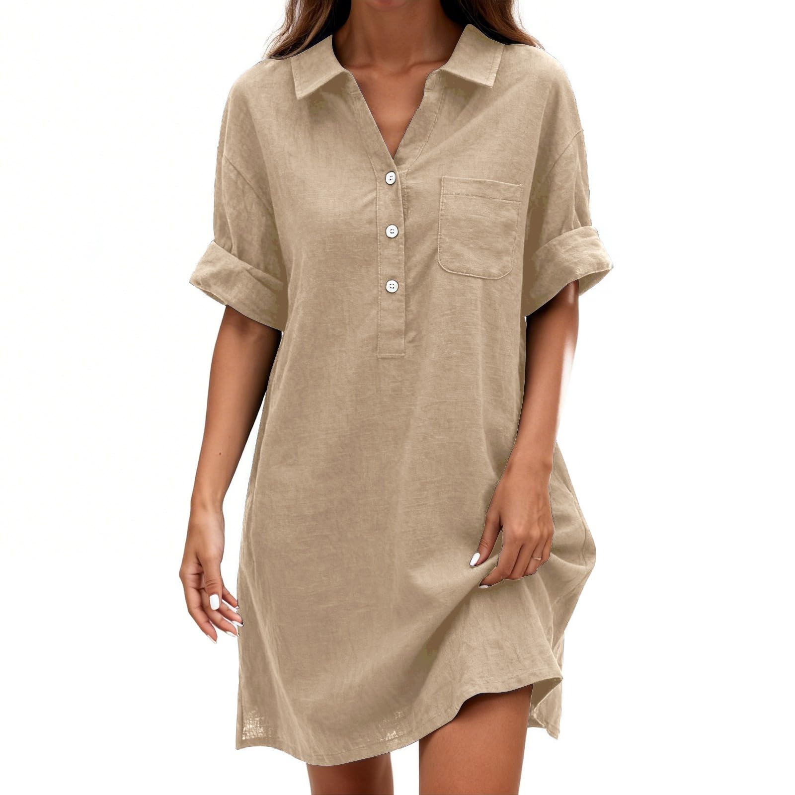 Vestidos de mujer de verano midi vestidos de verano para mujer, ligeros y aireados, hasta la rodilla, vestido informal con botones, manga corta, vestido de playa, vestidos informales con cuello