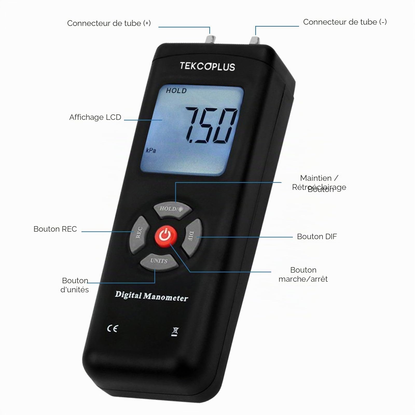 Manomètre, Testeur de Pression du Gaz à Double Port, Manomètre Numérique Professionnel pour HVAC, Mesureur de Pression de l'Air, Manomètre Différentiel avec Écran LCD Rétroéclairé, Tuyau de Rallonge