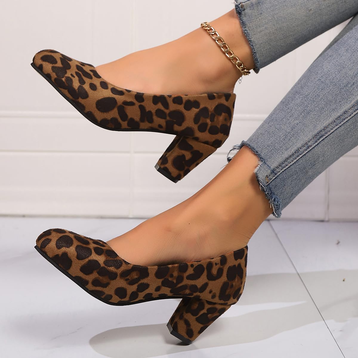Scarpe da donna con tacco alto casual con cinturino incrociato, tacco medio a blocco Mary Jane con cinturino alla caviglia, scarpe corte da donna con supporto comodo da lavoro, Leopardo senza fibbia