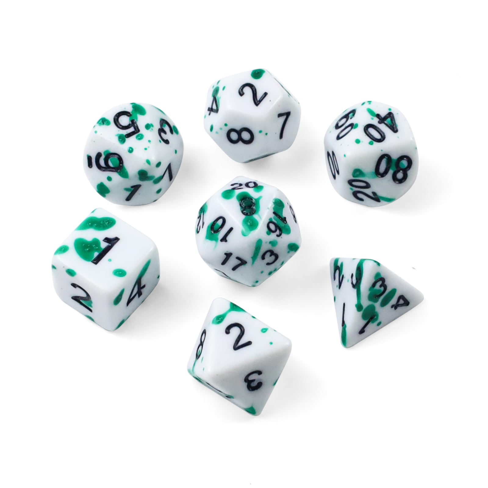 7 Pieces Polyedrische Würfel Set, Polyeder Glitzer würfel DND Dice für Dungeons & Dragons RPG MTG DND Tischkartenspiele Würfel (Grüne Punkte auf weißem Hintergrund)