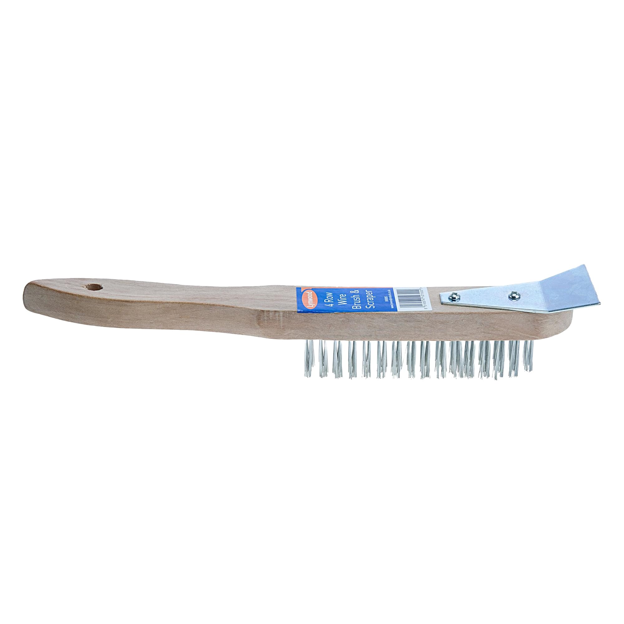 HARD WIRE BRUSH. HARD WOOD. METAL BRISTLES. SCRAPER. HANG HOLE. 4 ROW. SCRATCH.