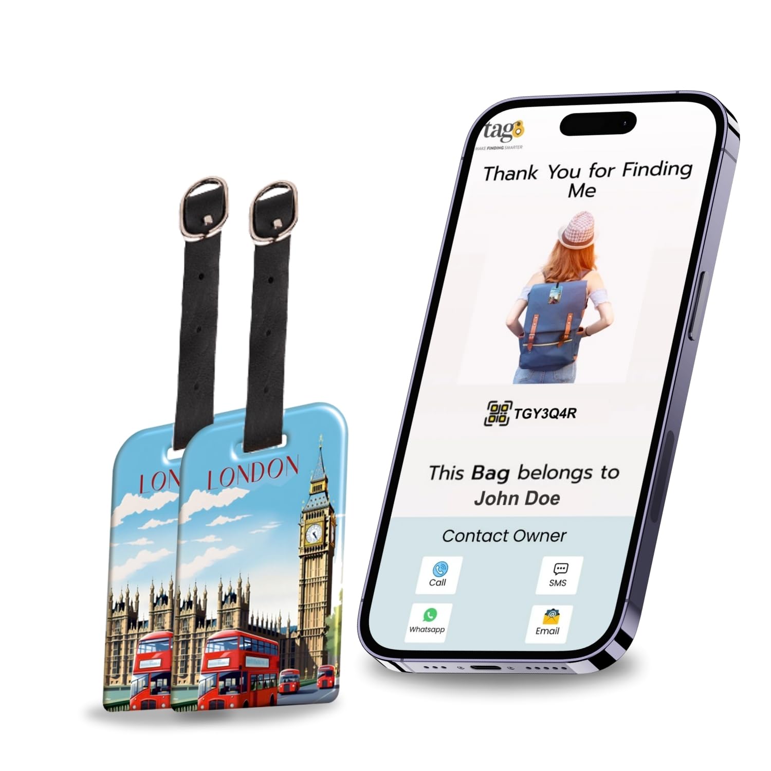 tag8[Pack 2] tag8 London Smart Bag tag |Trendy Luggage tag ID Fashionable Digital Name tag | Airline Compliant, SITA World Tracer Code Enabled | Travel Gift idea, Collectible