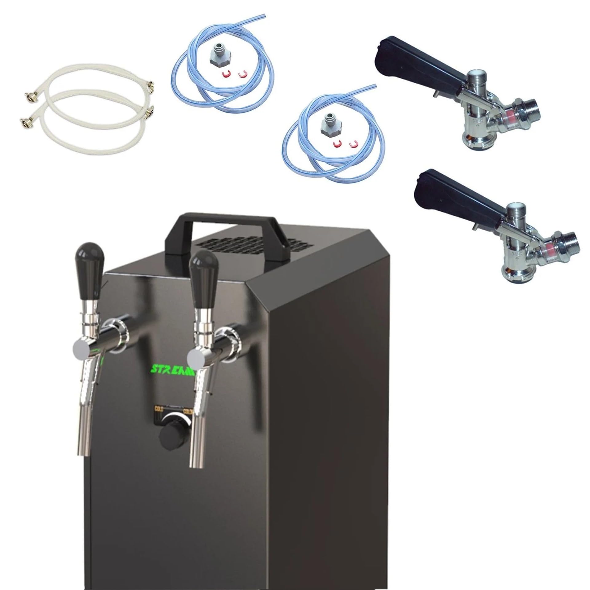 Set completo – Impianto spillatore per birra Stream 50 K con pompa ad aria, refrigeratore a 2 conduttori, refrigeratore a secco, fino a 55 litri/h – Black Edition, testa di spillo: piatto, testa 2:
