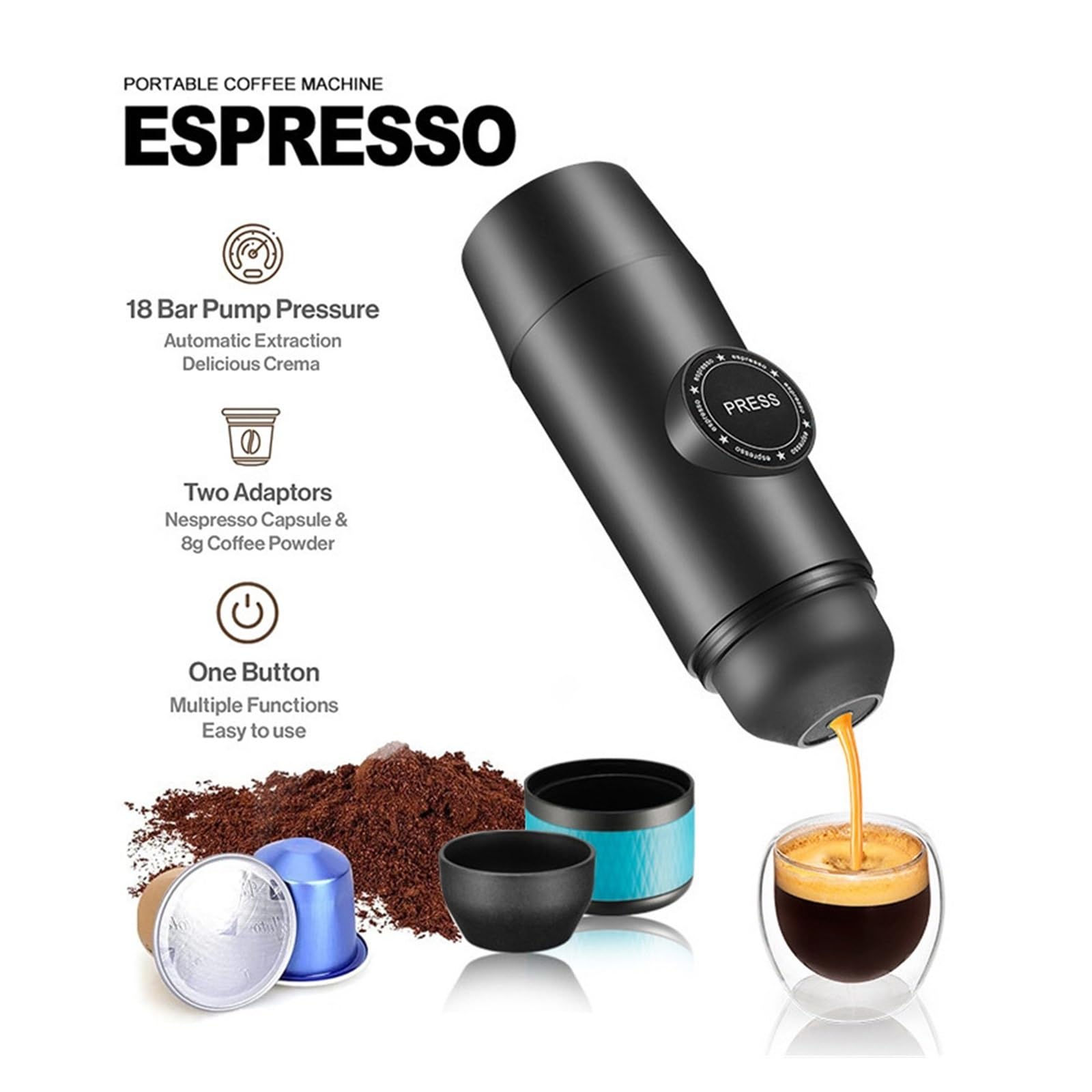 EDEDE Macchina da caffè Espresso Portatile, Macchina for Il caffè da Auto for Il Campeggio - Piccola Macchina for caffè Espresso elettrica Portatile per Viaggi, Campeggio(Noir)