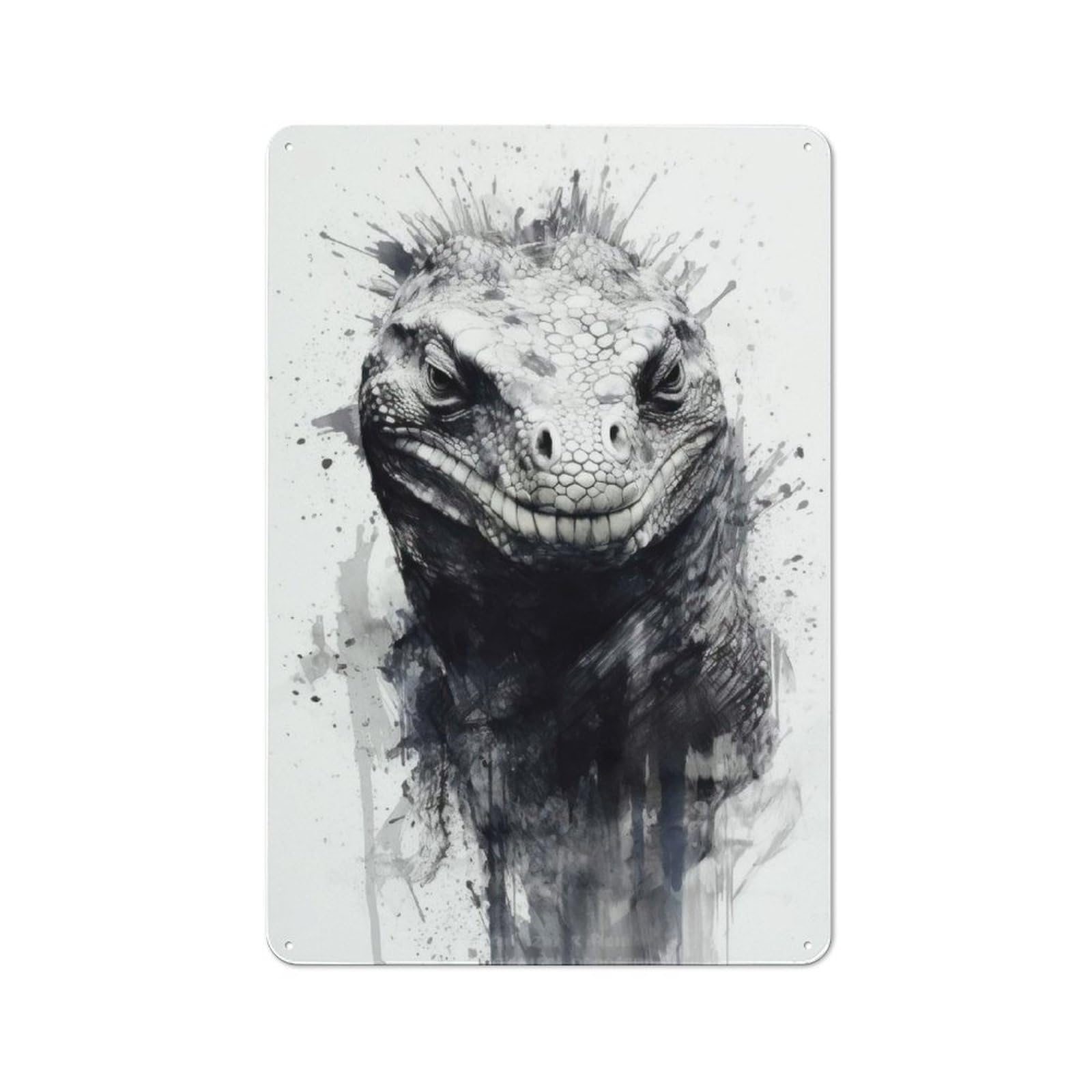 Junmoney Komodo Dragon Black Ink Tin Wall Plaque 30X20cm With For Pub Or Café, A Decorative Christmas Gift For Hospitality Wall Decor Collectors