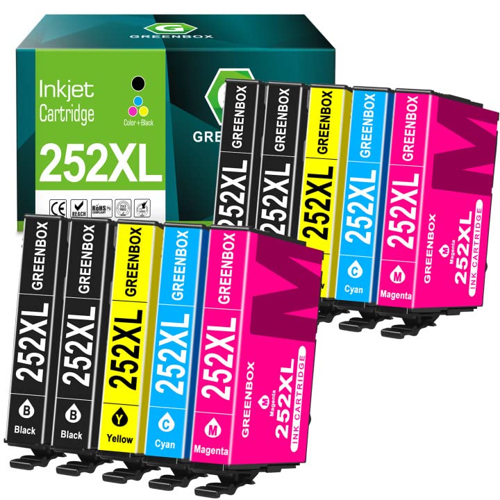 GREENBOX Remanufactured Ink Cartridge Replacement for Epson 252XL 252 XL T252 Ink for Workforce WF-3620 WF-3640 WF-7210 WF-7710 Printer (4 Regular Black, 2 Cyan, 2 Magenta, 2 Yellow, 10-Pack)