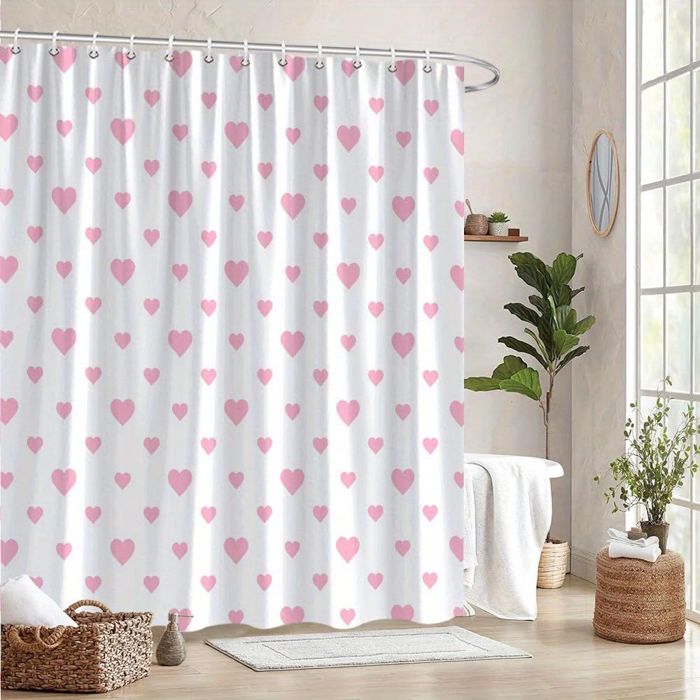 GLWDMB 1 Piece 180x200CM Pink Hearts Printed Shower Curtain With Hook, Polyester, for Windows And Walls, Bathtub, Bathroom, Machine Washable, All Season Universal