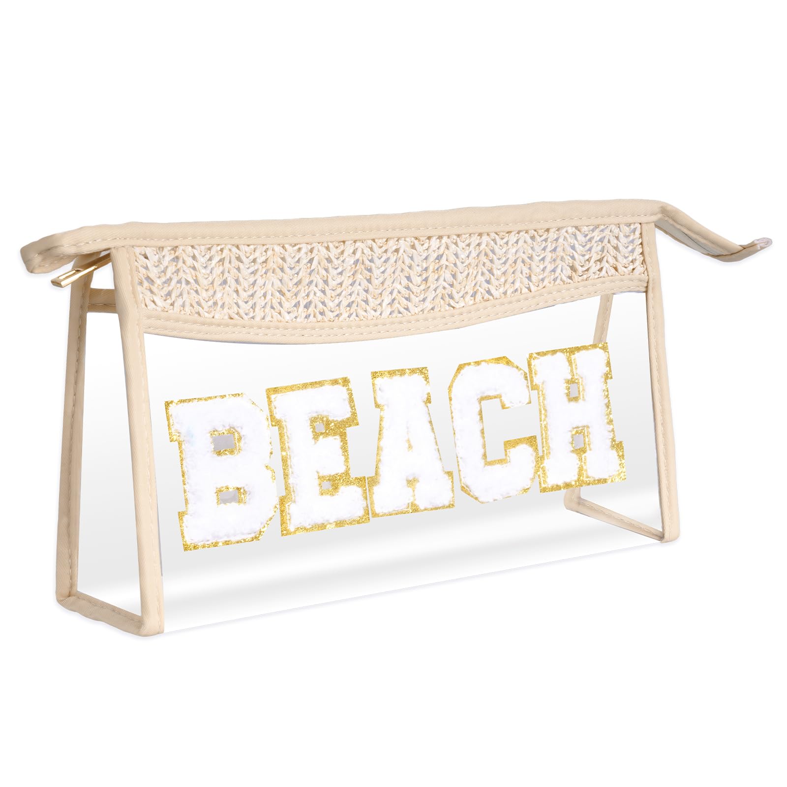 Hmxpls Boho Patch Cosmetic Bag with Zipper, Chenille Varsity Letter Makeup Bag, Clear Travel Pouch, Multi-purpose Small Toiletry Bag for Women Girls (