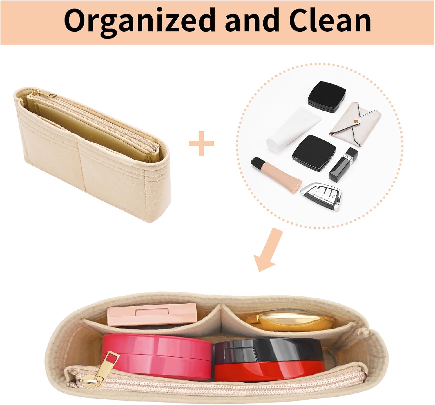 Felt Insert Purse Organizer with Zipper fit GG Marmont Matelasse Shoulder Bag, Organizer Handbag Tote Liner Pouch for Women Inner Bladder Bag Storage Bag (Mini, Beige) - Image 3