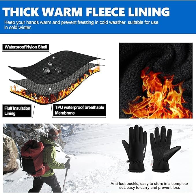 Fleece Waterproof Gloves with Touch Screen Winter Snow for Minus Degrees, Skiing Anti-Skit Design,Ski, Riding for Mens and Womens Gloves(Navy Blue) - Image 7 thumbnail