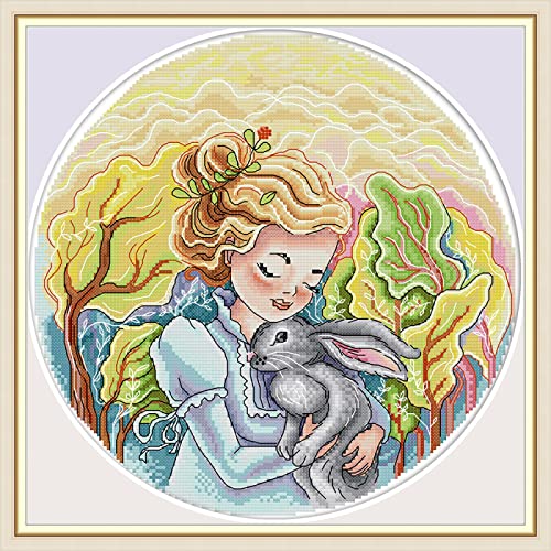 Kit Point de Croix Lapin et Fille 11CT canevas imprimé 40x50 cm avec fils pour broderie débutant