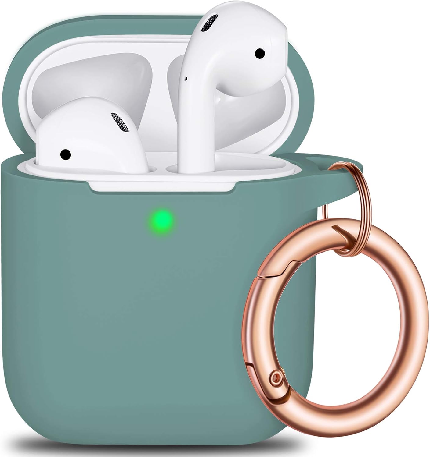 R-fun AirPods Case Cover with Rosegold Keychain, Silicone Protective Skin Cover for Women Girl with Apple AirPods Series 2 & Series 1 Charging Case,Front LED Visible-Pine Green