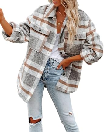 Womens Plaid Shacket Long Sleeve Button Down Flannel Shirts Fashion Casual Oversized Blouse Jacket Shackets