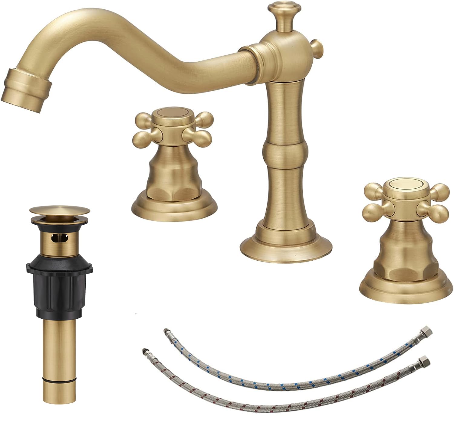 Bwe 3 Hole Bathroom Faucet Bwe Widespread 2 Handles Cross Knobs Antique Brass Sink Faucet Basin Mixer Tap Matching Metal Pop Up Drain With Overflow 810148590734