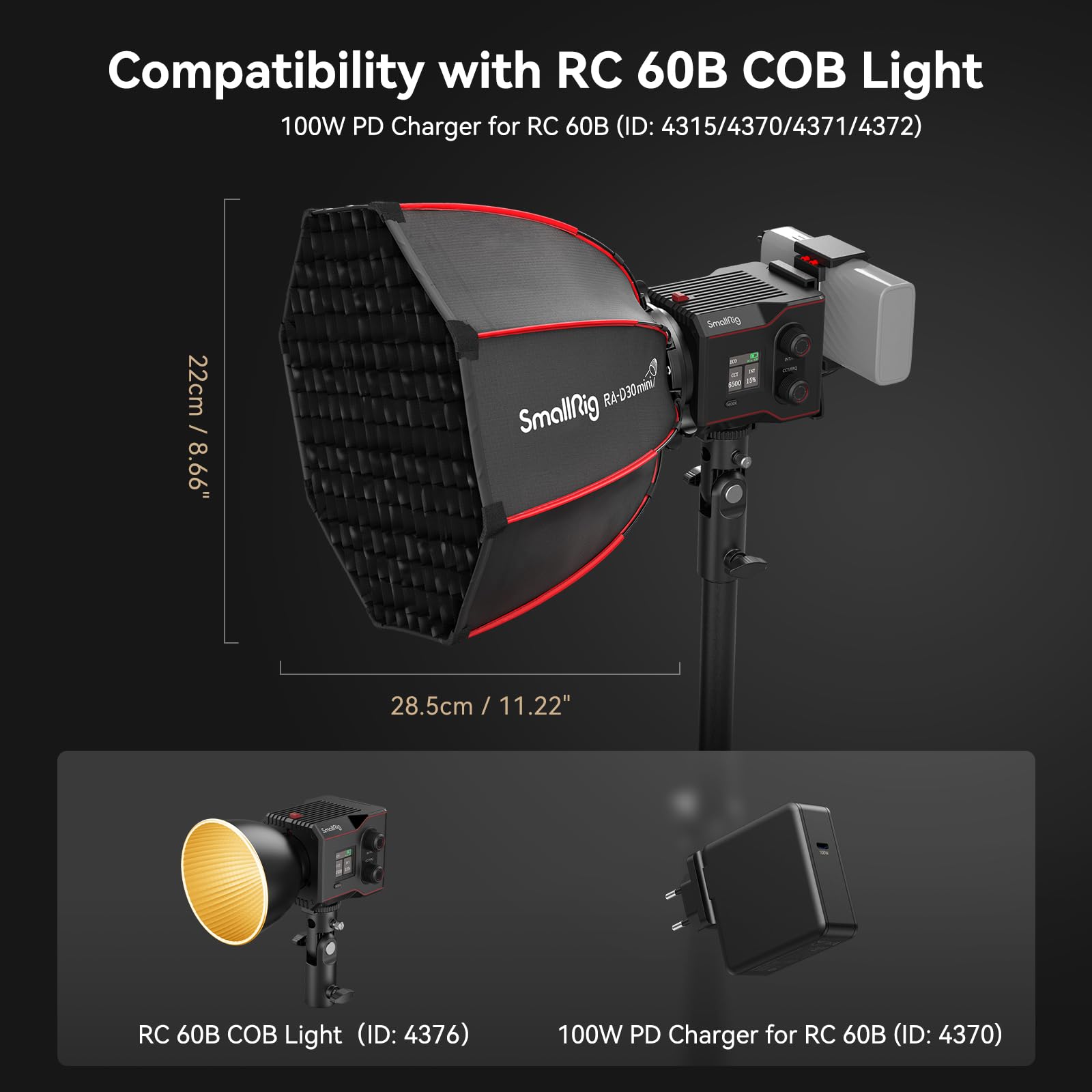 SMALLRIG RA-D30 29 cm Mini Softbox Parabolique, Softbox à Dégagement Rapide pour SMALLRIG RC 60B COB LED Lampe Vidéo - 4358
