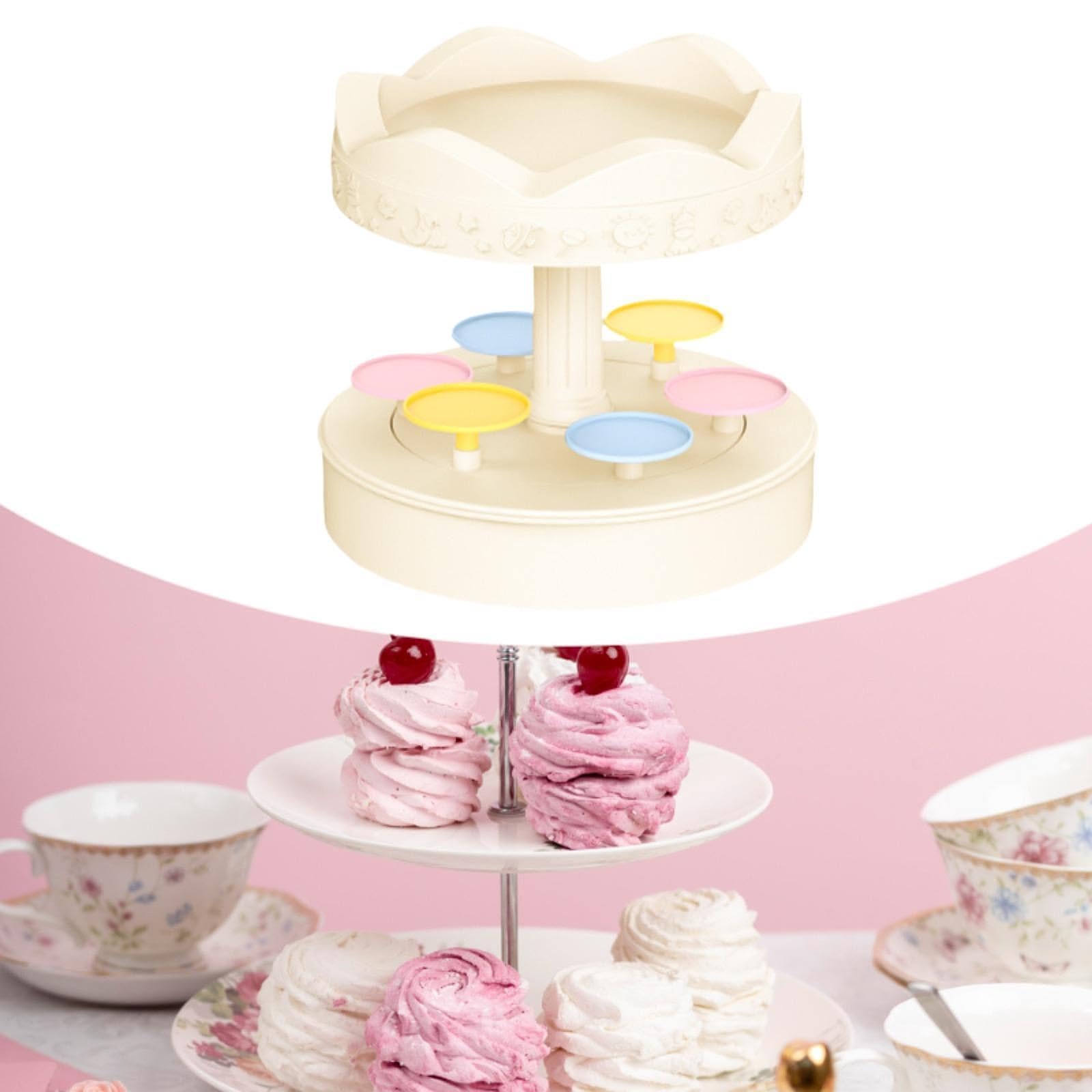perfk Bandeja giratoria para Servir, Expositor Giratorio para Sushi, Soporte Multiusos Resistente con autorrotación para Cupcakes, Ideal para Aniversarios y, 2 Niveles con Música