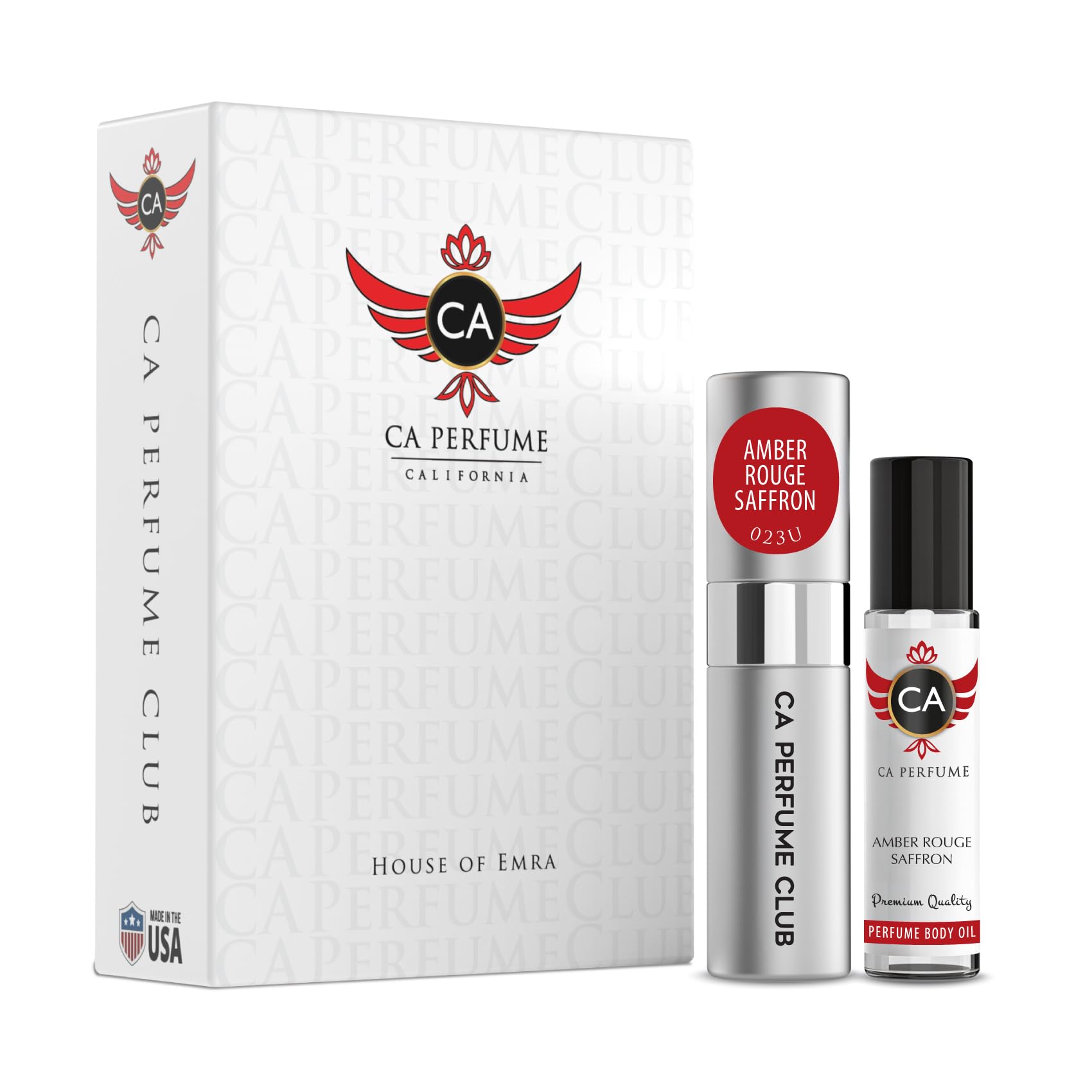 CA PerfumeDuo Impression of Amber Rouge Saffron For Women and Men Fragrance Layering Set Bundle – Eau De Parfum + Body Oil Roll-On Bottle (Set of 2, 0.27 Fl Oz + 0.33 Fl Oz)