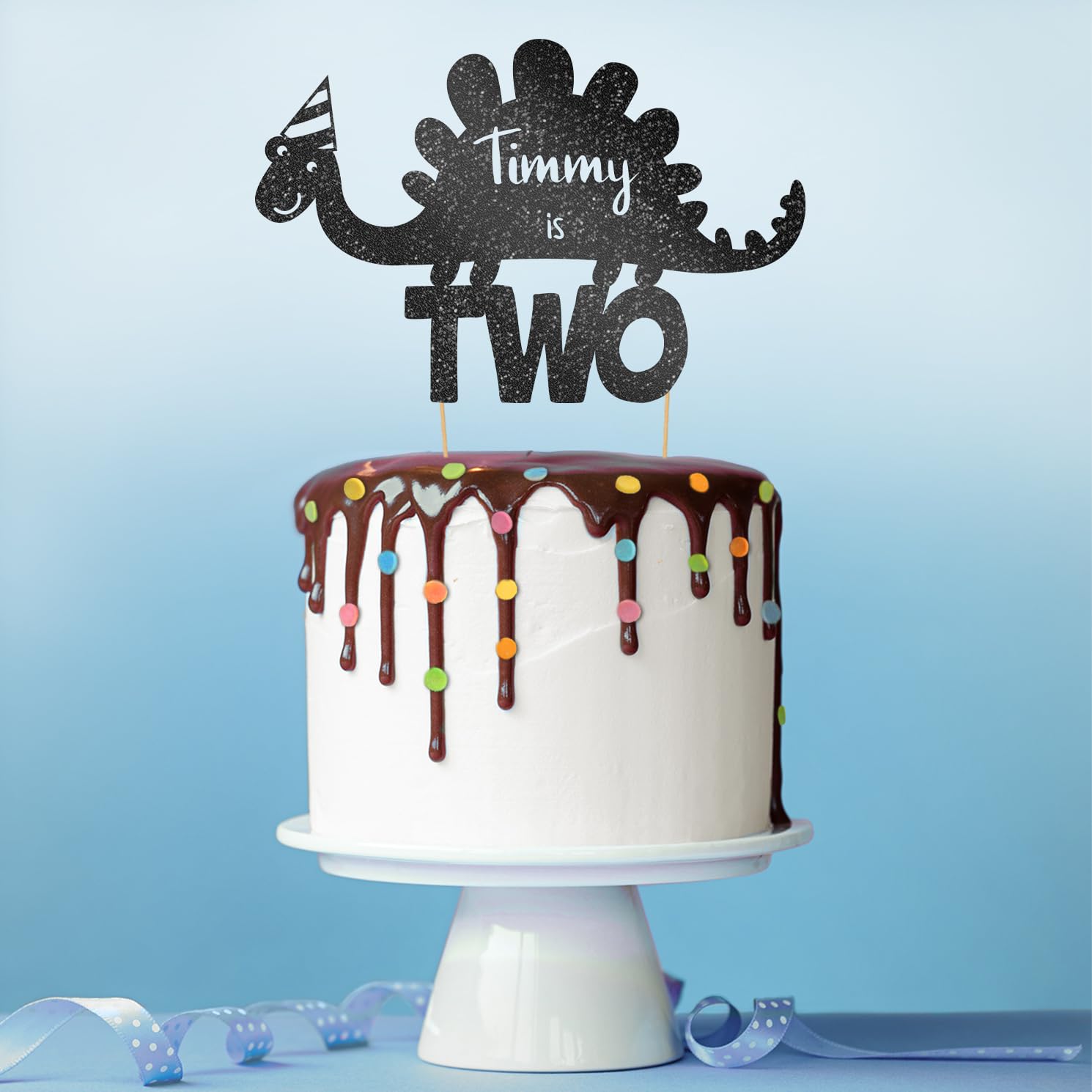 Personalised Birthday Dinosaur Glitter Cake Topper- Black Any Name & Age Glitter Cake Decoration and Sprinkles - Image 3