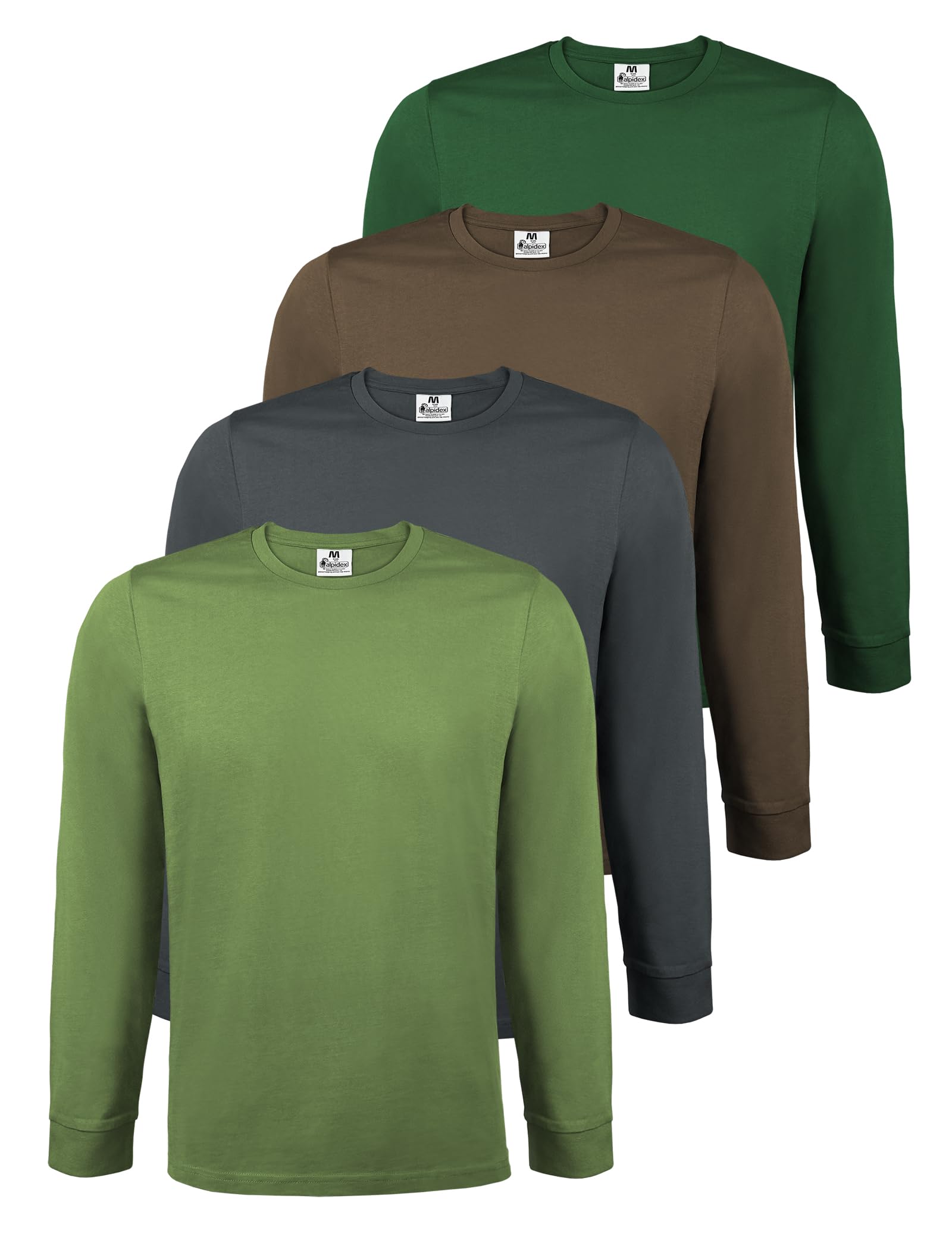 ALPIDEX Men's Long Sleeve Shirts 4 Pack Basic 100% Cotton Stretch Undershirt Round Neck Plain Base Layer, Size:s, Colour:Forest